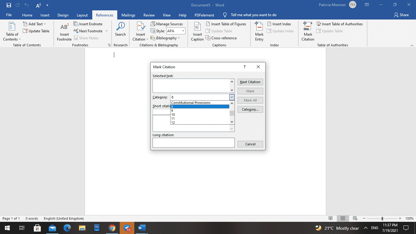 How to add a Table of Authorities to Microsoft Word