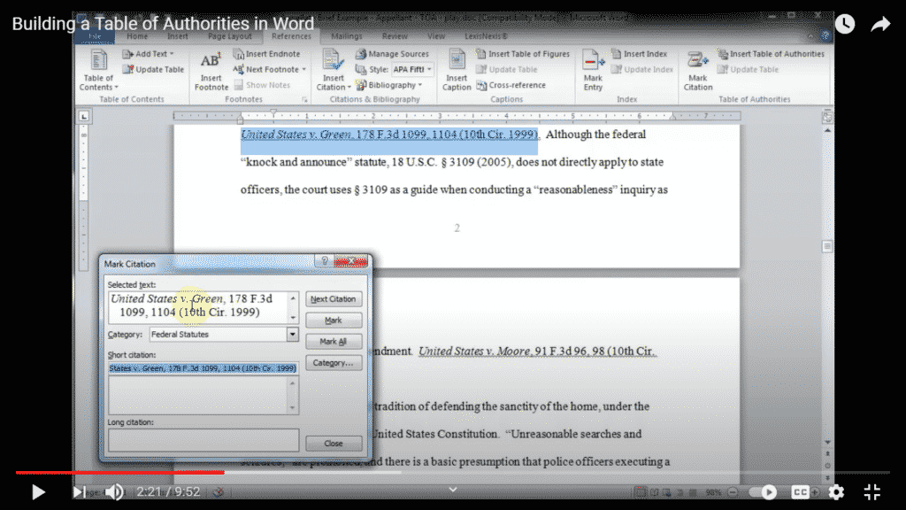 How to add a Table of Authorities to Microsoft Word