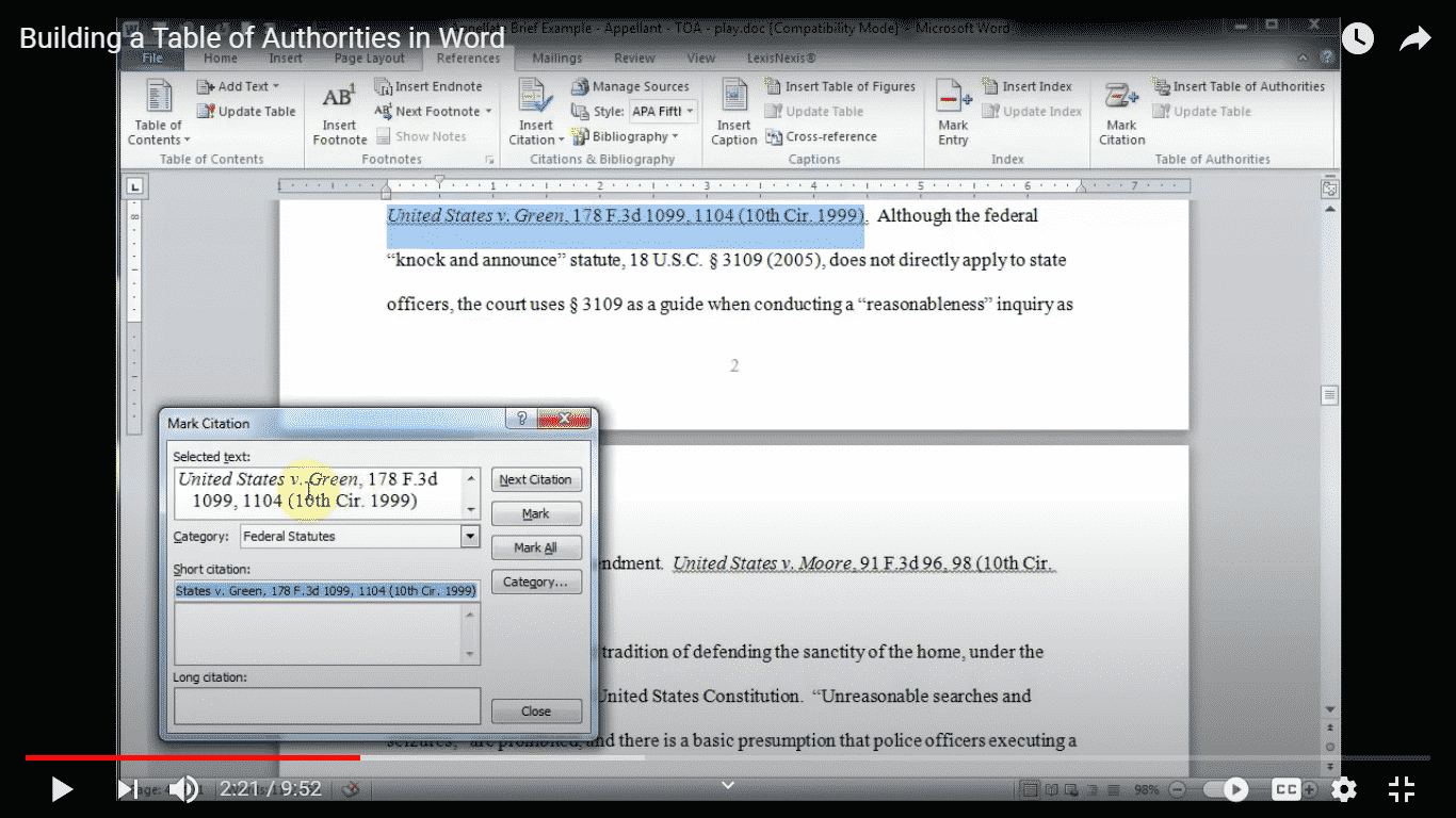 How to add a Table of Authorities to Microsoft Word