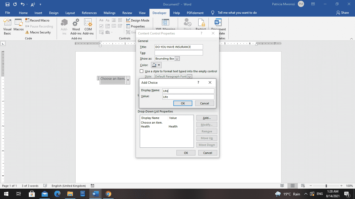 How to add dropdown fields to a form in Microsoft Word