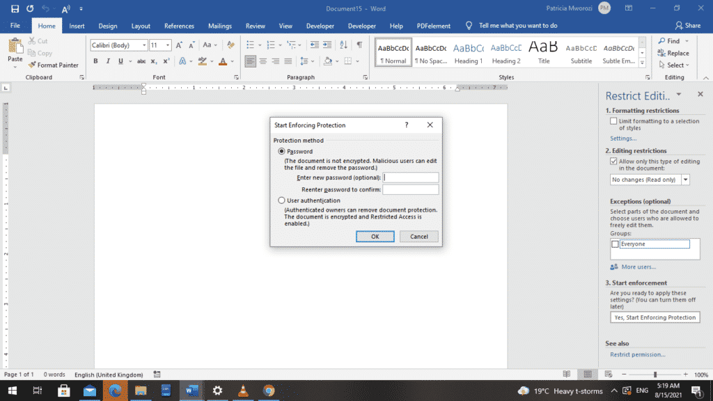 How to restrict document editing outside forms in Word