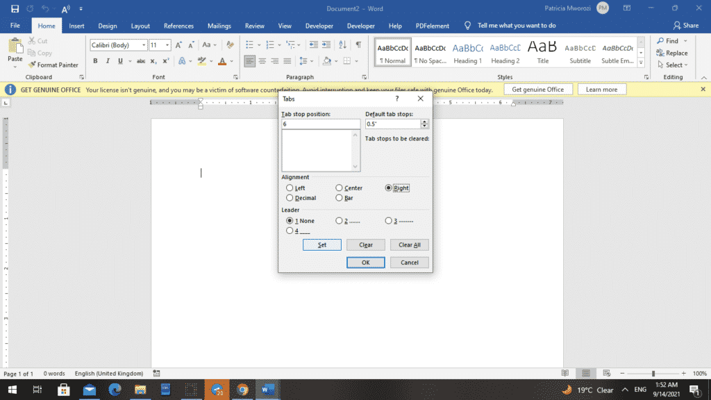 How to align text left and right on the same line in Microsoft Word
