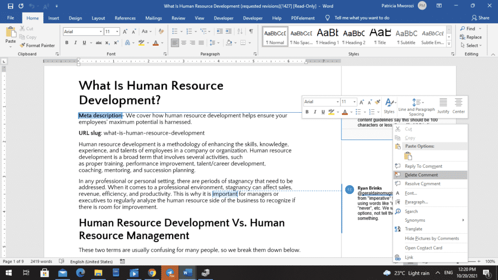 How to remove all comments from a Microsoft Word document