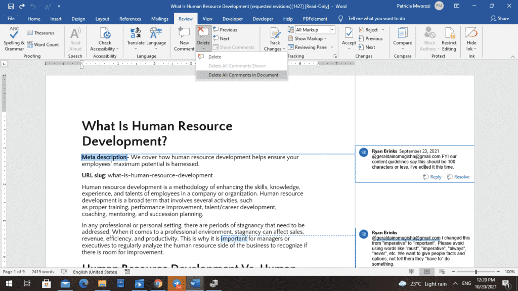 How to remove all comments from a Microsoft Word document