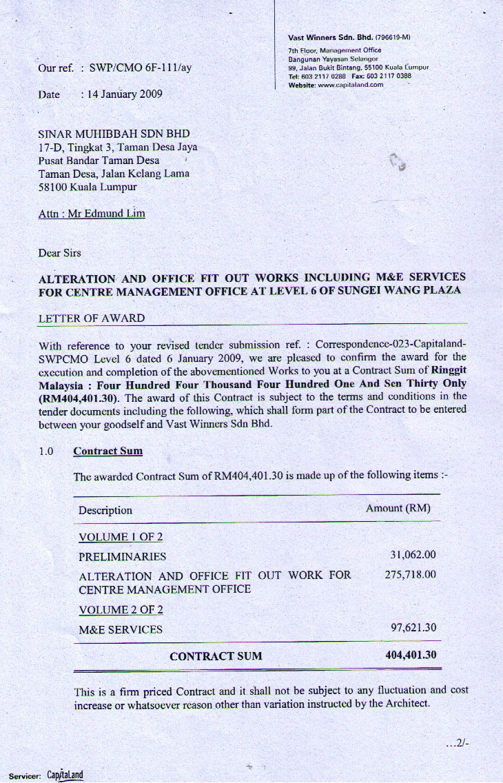 letter of award malaysia