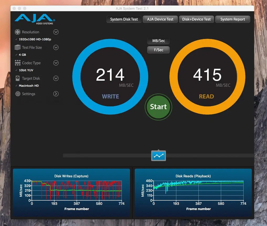 Festplatten Benchmark Tool für den Mac AJA System Test