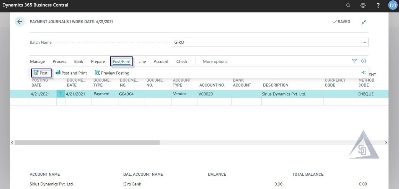 Create Payment Journal in Business Central