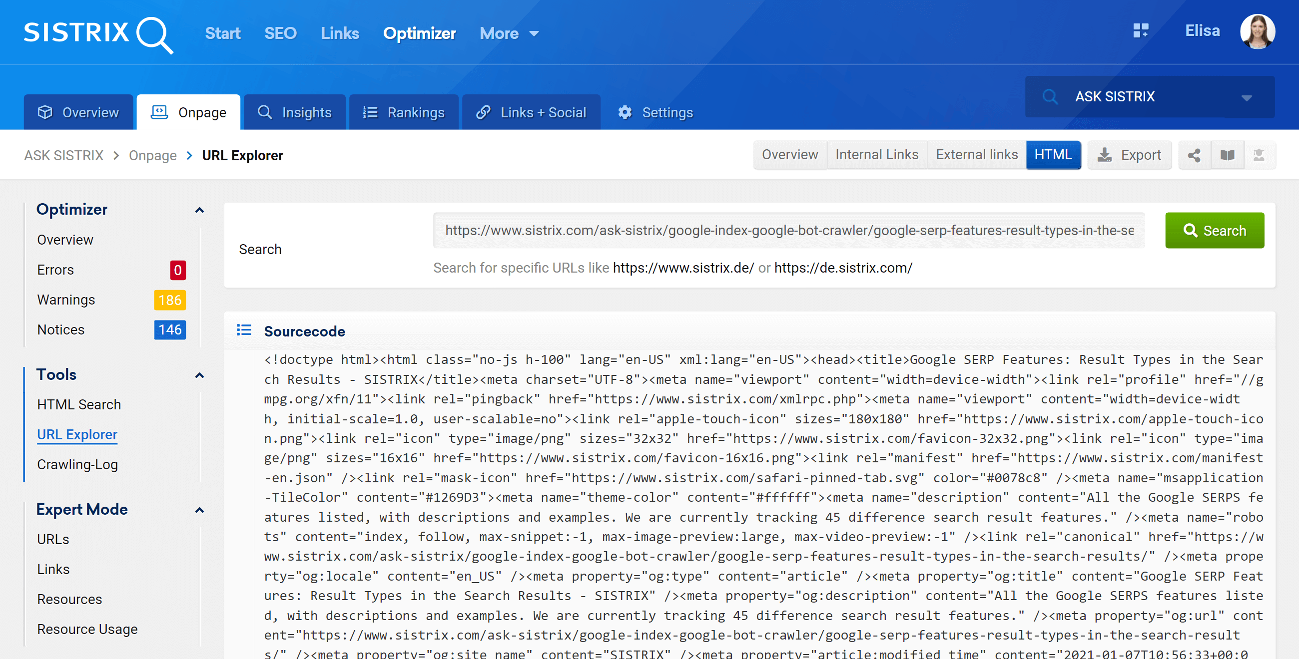 OnpageEvaluation of individual URLs in the Optimizer SISTRIX