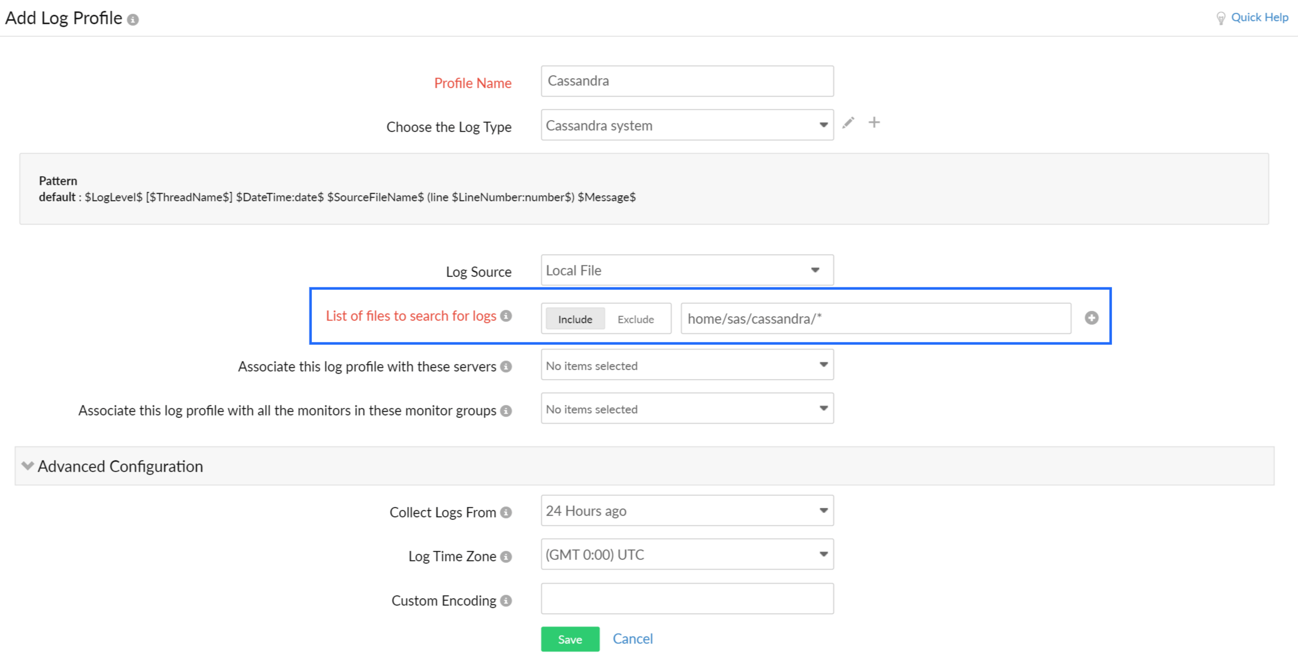 Add Log Profile Online Help Site24x7