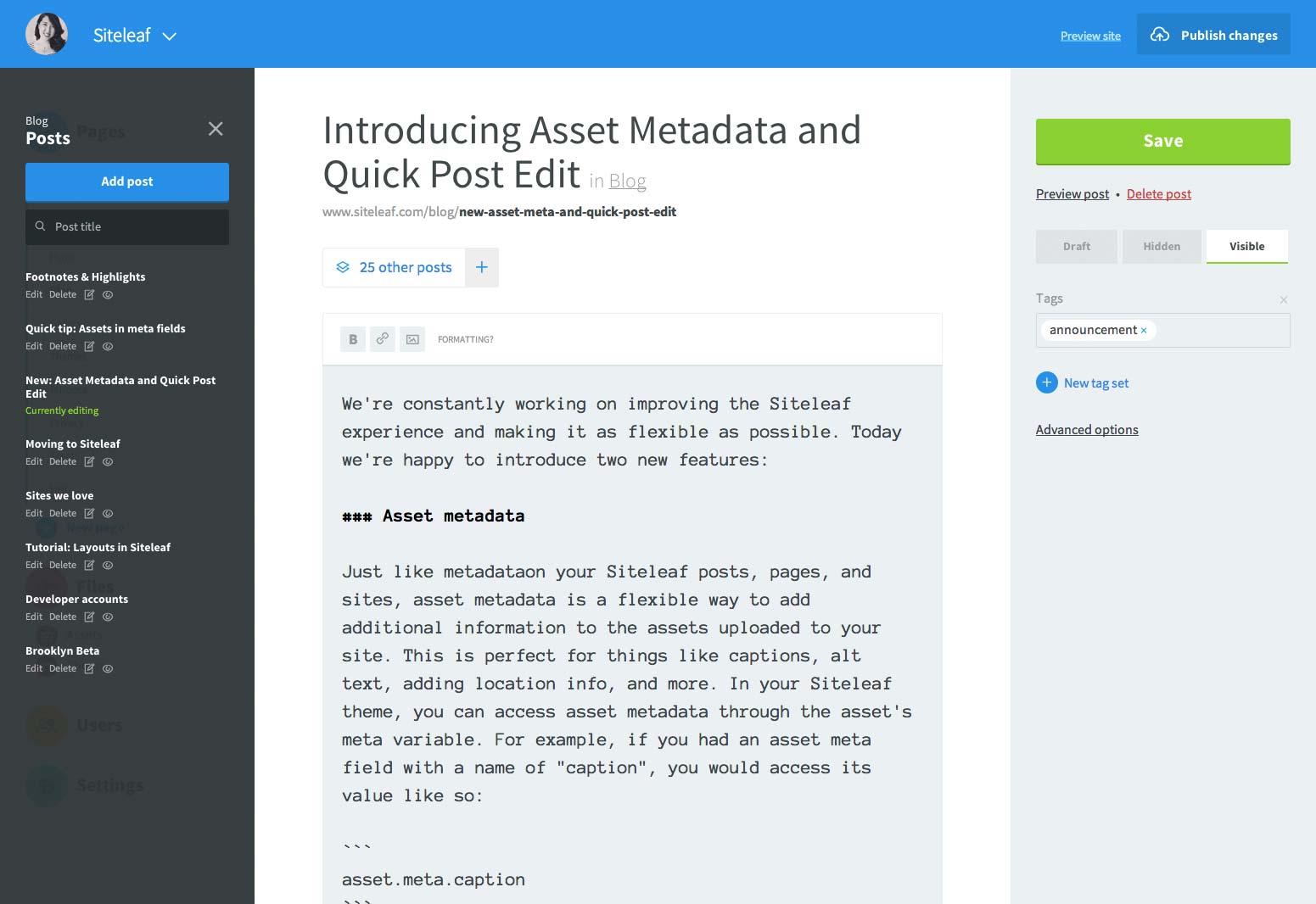 Improvements to page and post management Siteleaf
