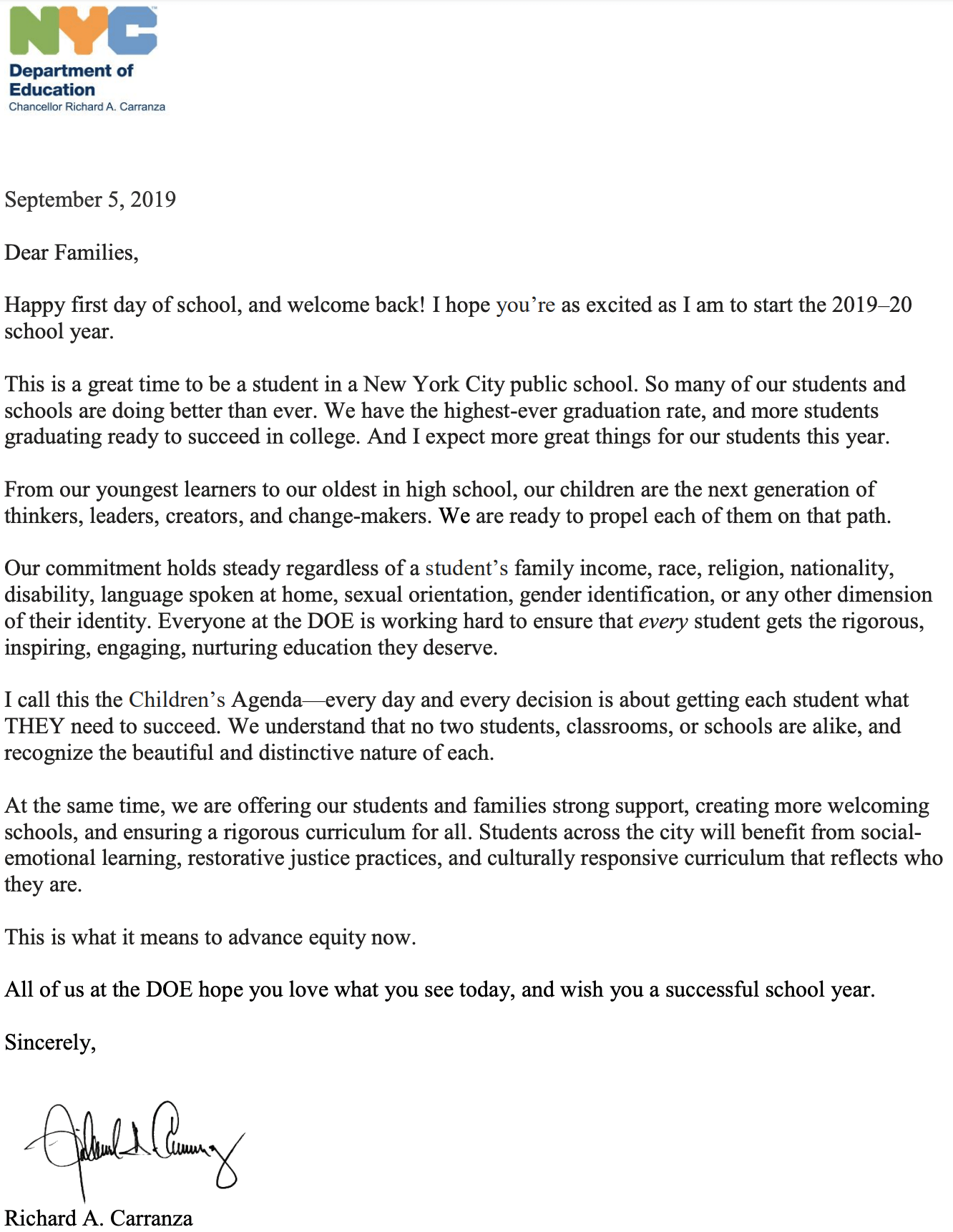 Letter from NYC DOE School's Chancellor, Richard Carranza