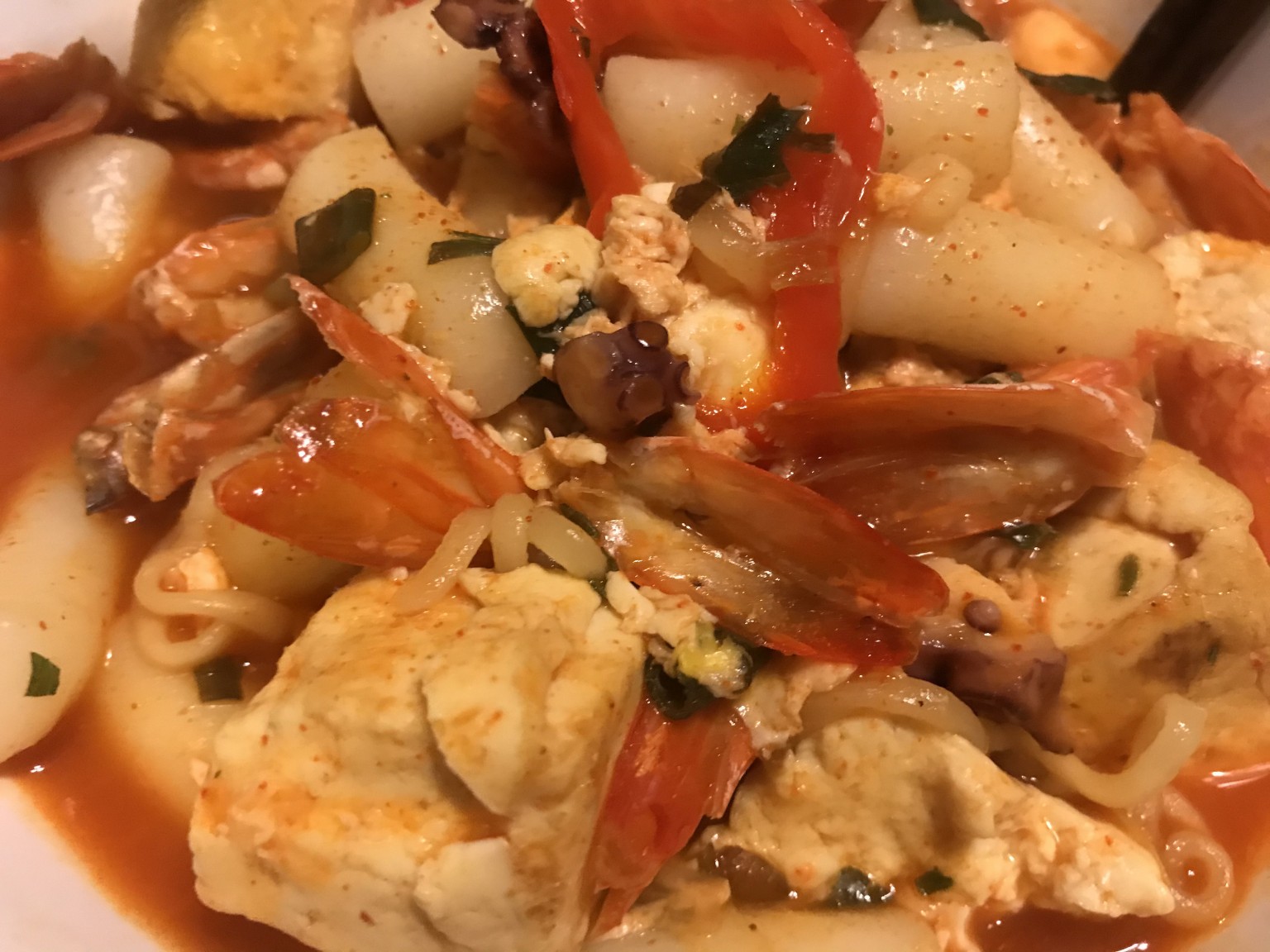 Korean Spicy Soup Noodles and Rice Cakes with Seafood S&J Menu