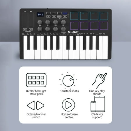 M-WAVE SMK-25 Key Bluetooth MIDI Controller, 8 Backlit Pads - Skeedog.com