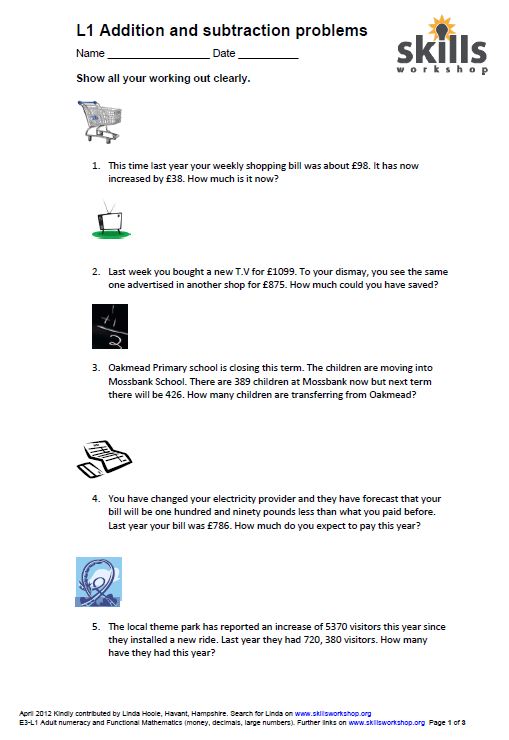 Level 1 addition and subtraction word problems Skills