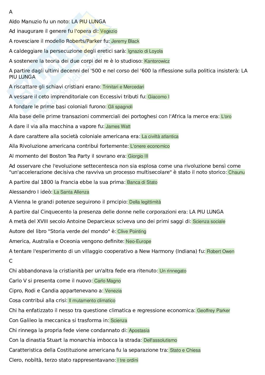 Risposte alle domande di Storia moderna