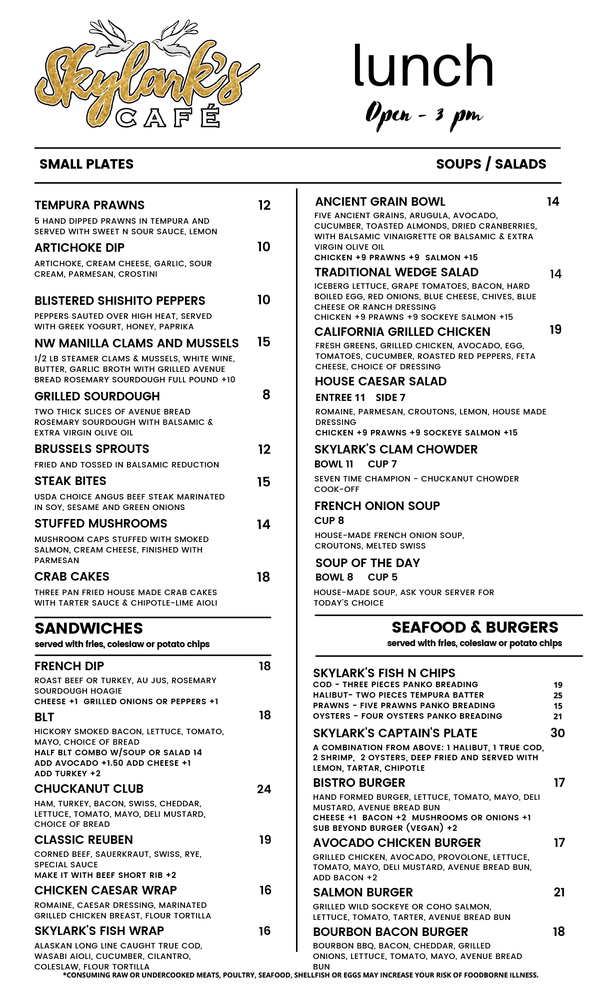 Menus Skylark's Hidden Cafe