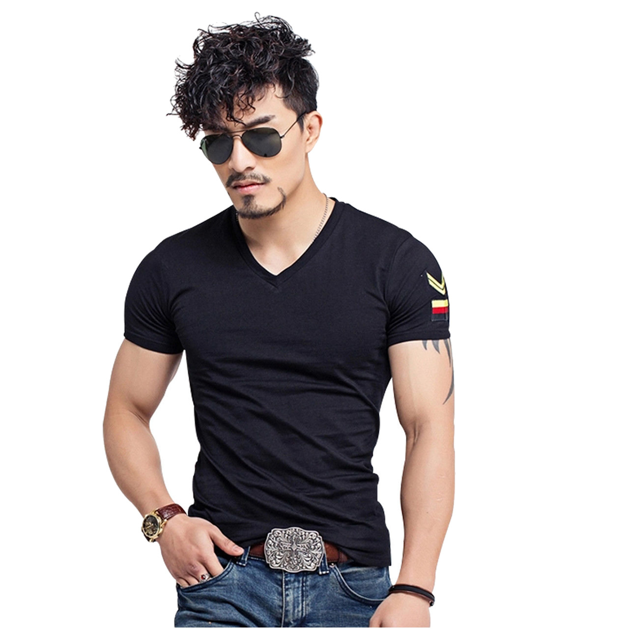 Men Slim Fit VNeck Short Sleeves Cotton Black TShirts