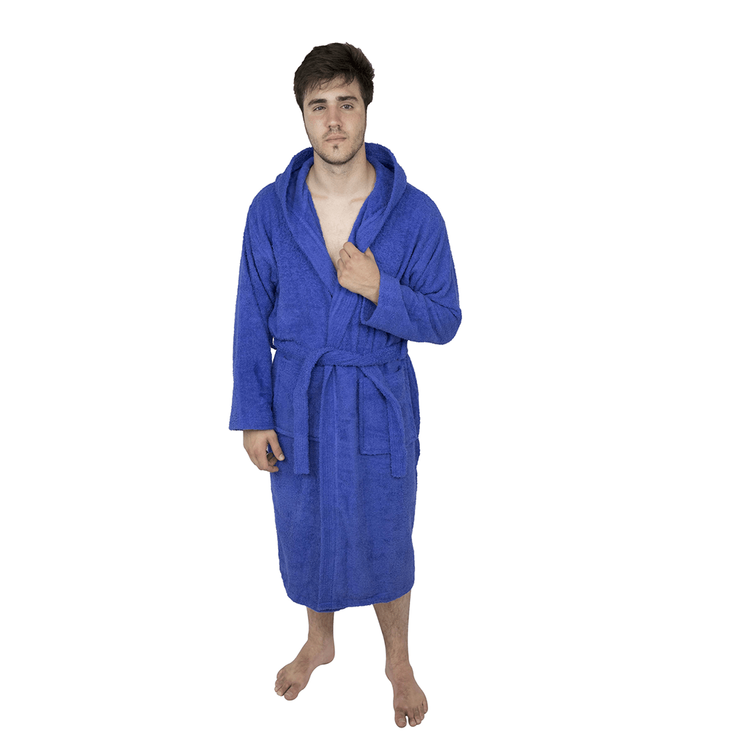 Men’s Terry Toweling Cotton Bathrobe Hooded Dressing GownBlue