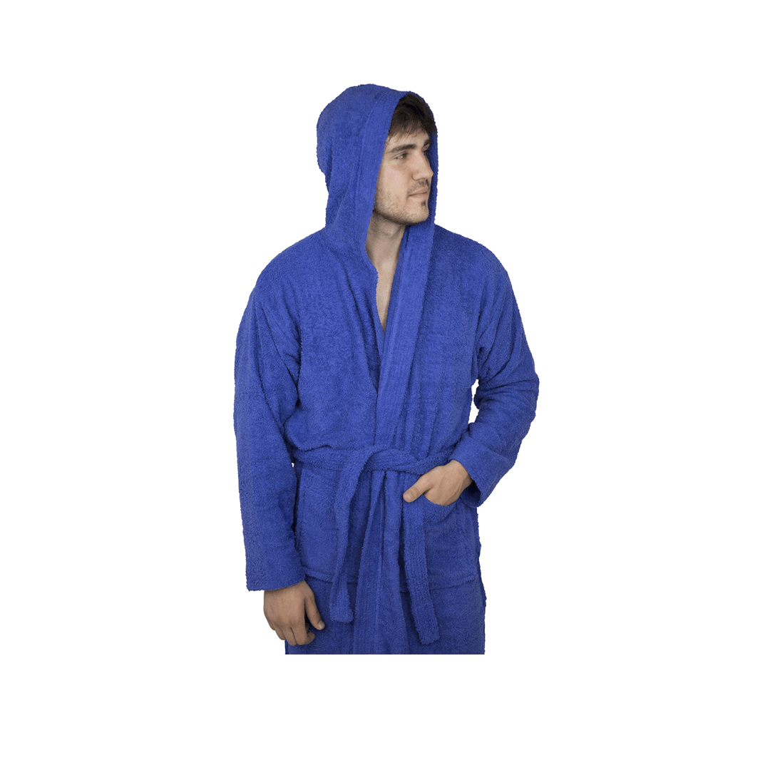 Men’s Terry Toweling Cotton Bathrobe Hooded Dressing GownBlue