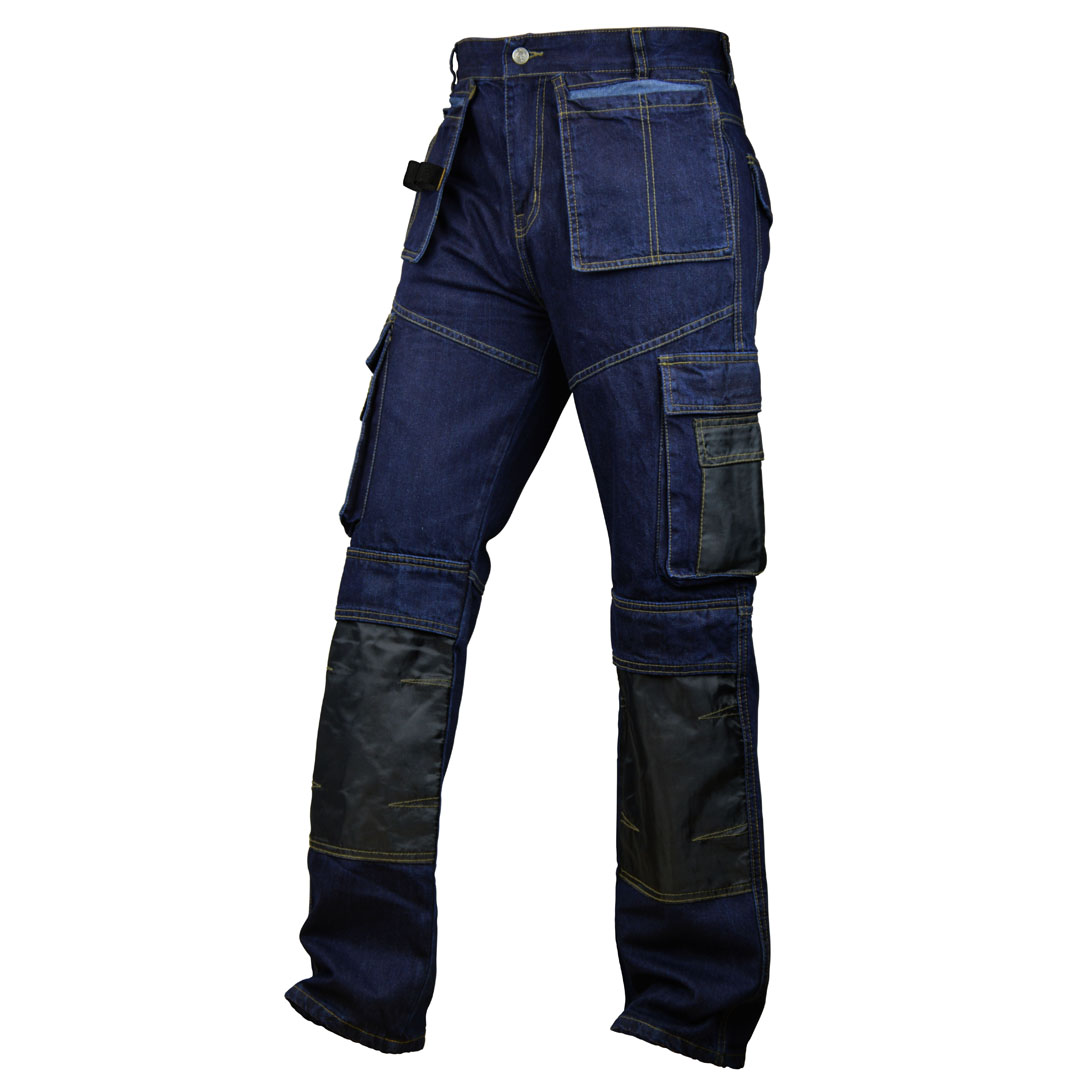 Men Blue Denim Utility Workwear pants Cordura Knee Reinforcement Trouser