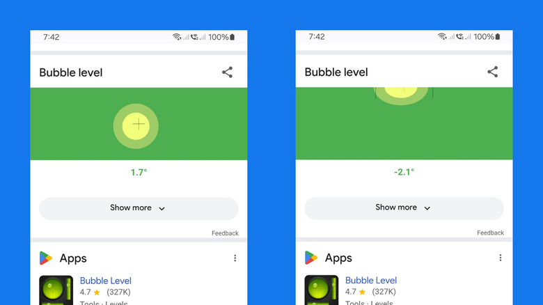 Bubble level on Google on Android showing degree measurements