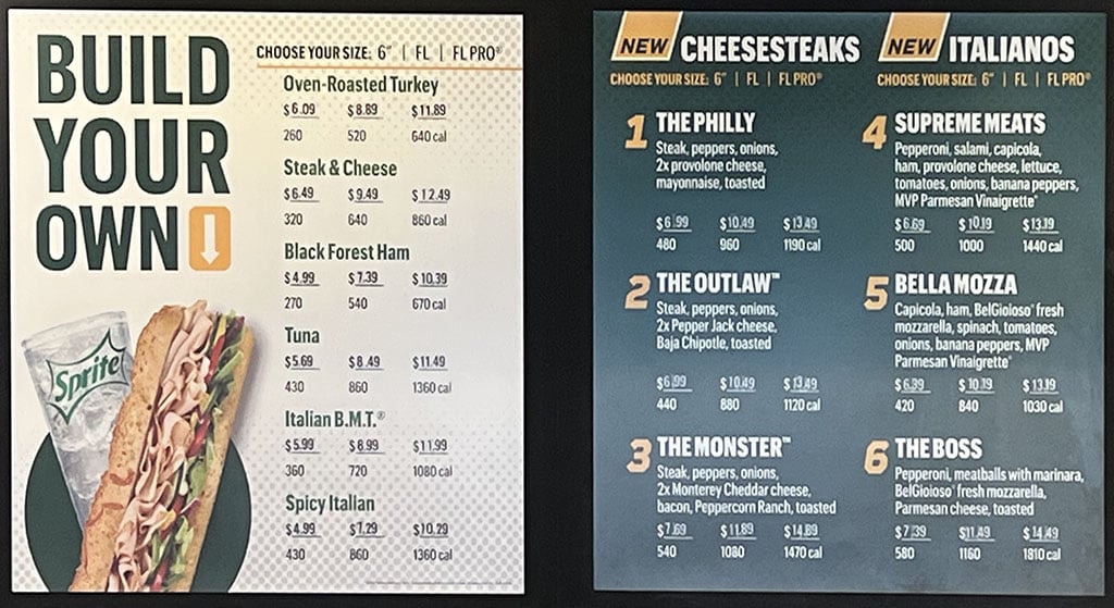 Subway menu SLC menu