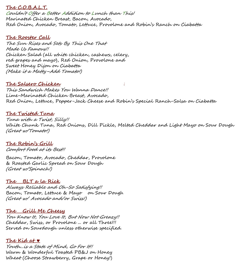 The Robin’s Nest menu SLC menu