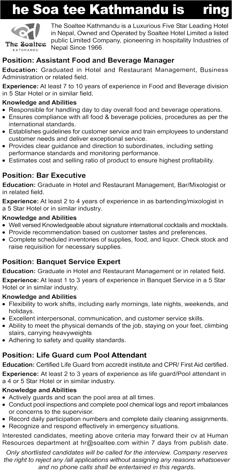 Assistant Food and Beverage Manager( The Soaltee Kathmandu) Slicejob