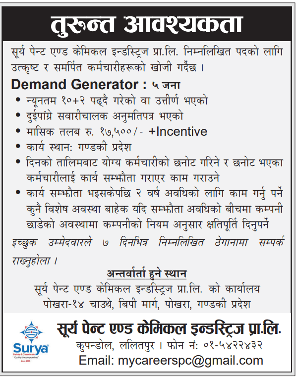 Surya Paint and Chemical Industries Pvt. Ltd. Job Vacancy for Demand
