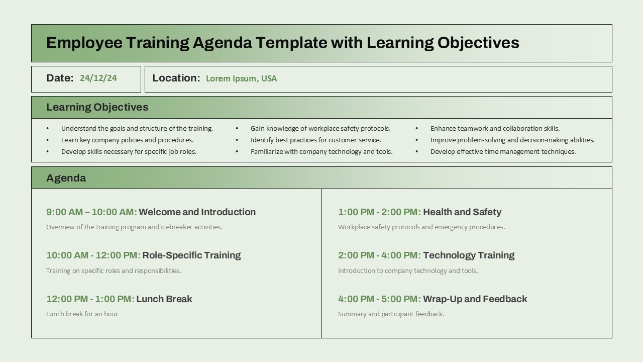 Employee Training Agenda PowerPoint Template and Google Slides SlideKit