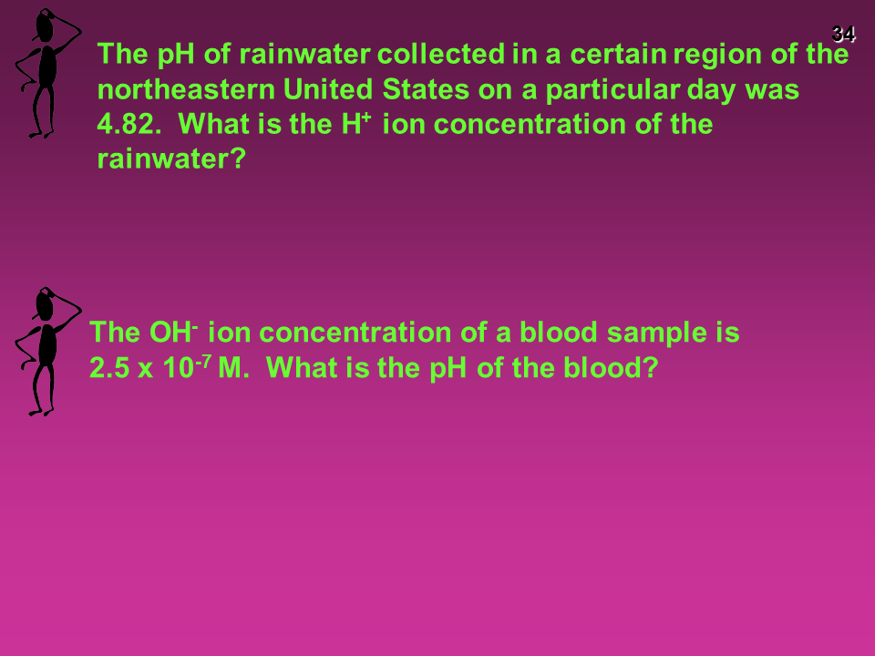 pH = log (1.0 x 1011) = 11.00 Слайд 34 The pH of rainwater collected