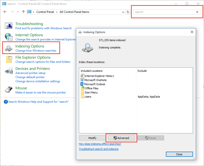 Rebuild Outlook's Instant Search Index