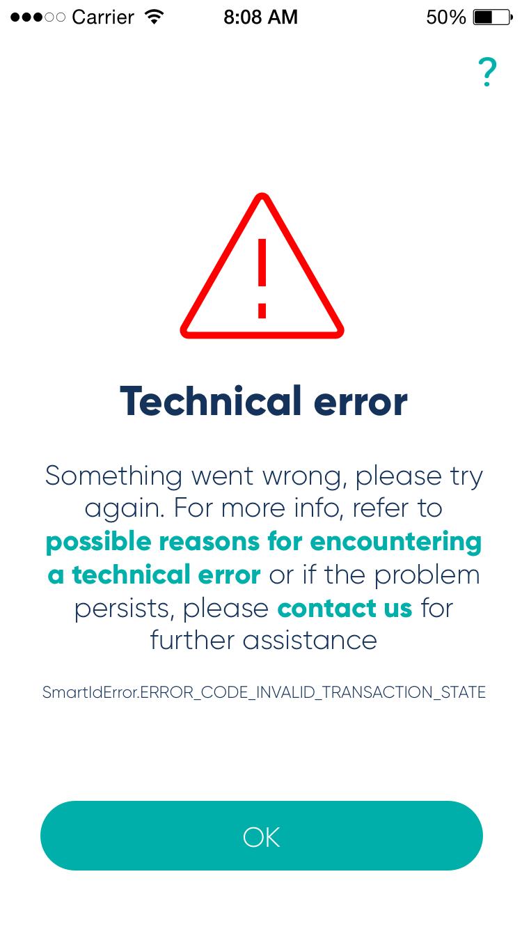 App error INVALID TRANSACTION STATE SmartID