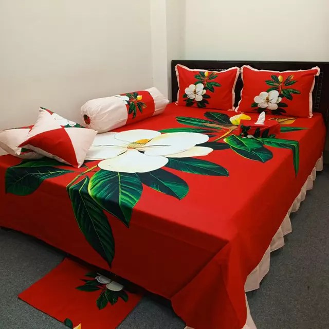 White Flower Design Red 8 Pcs King Size Bed Sheet Set