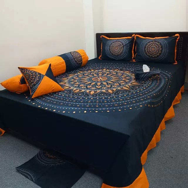 Art Design Navy Blue 8 Pcs King Size Bed Sheet Set