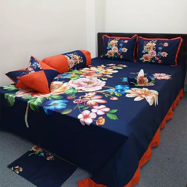 Navy Blue Color 8 Pcs King Size Bed Sheet Set
