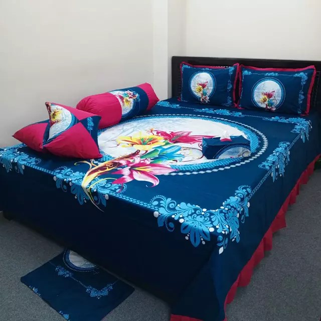 Flower Design Navy Blue 8 pcs King Size Bed Sheet Set