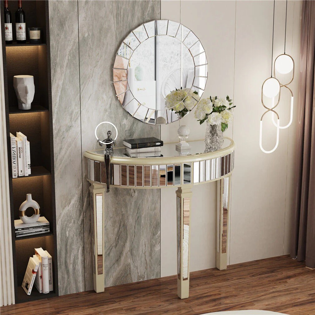 Half Moon Silver Mirror Console Table Narrow Side Sofa Table Smart Home