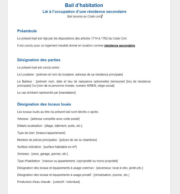 Contrat de location saisonnière bail en résidence secondaire