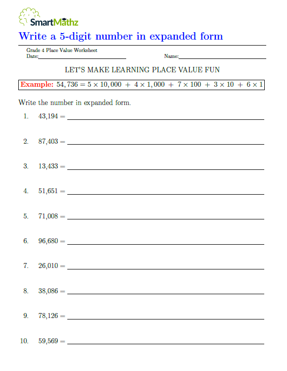 Write a 5-digit number in expanded form - SmartMathz