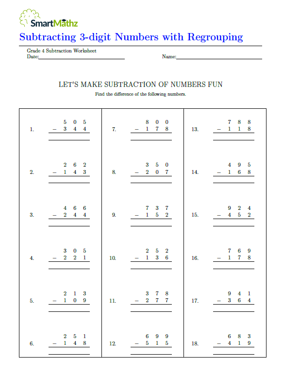 Subtracting 3-digit Numbers with Regrouping - SmartMathz