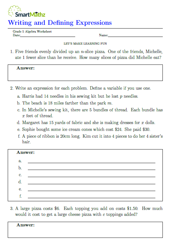 Writing and Defining Expressions - SmartMathz
