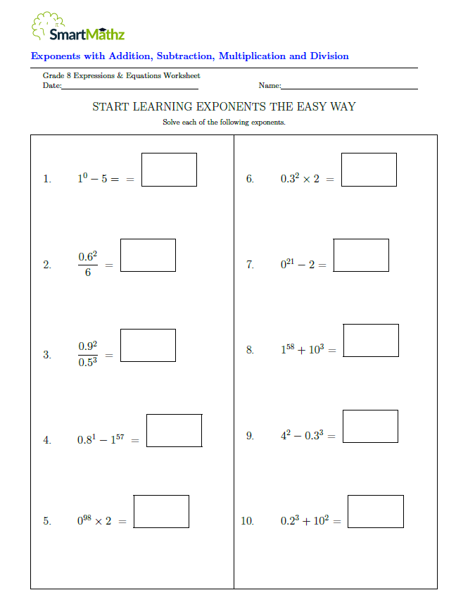Exponents with Addition, Subtraction, Multiplication & Division