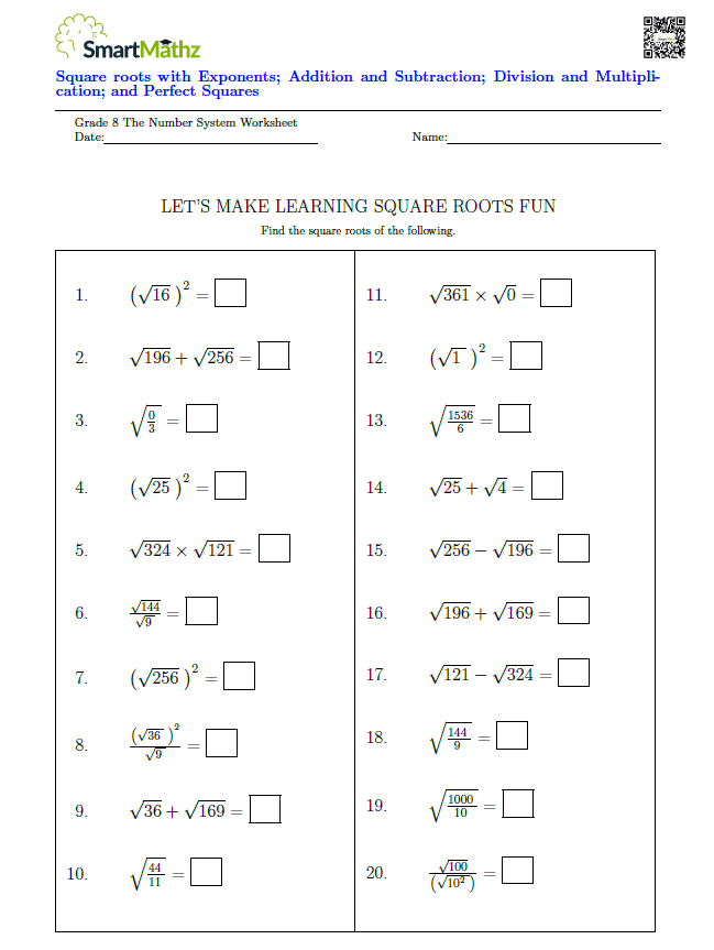 Square Roots with Exponents, Addition and Subtraction, Division and