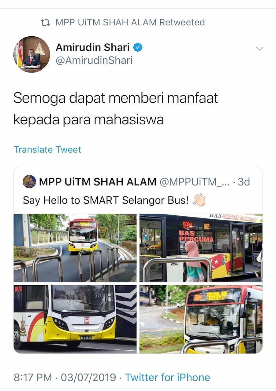 Bas Smart Selangor kini beroperasi di UiTM Shah Alam