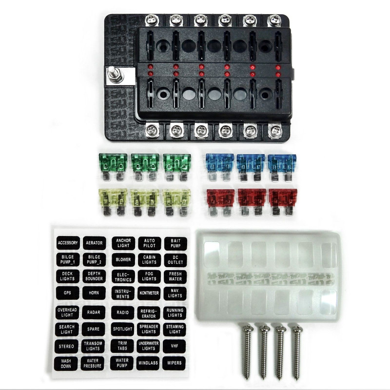 Universal 12 Way Covered 12V Circuit Blade Fuse Box with LED Indicators