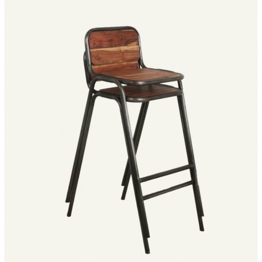 Rustic Industrial Stackable Bar Stools Wooden Seat With Metal Frame