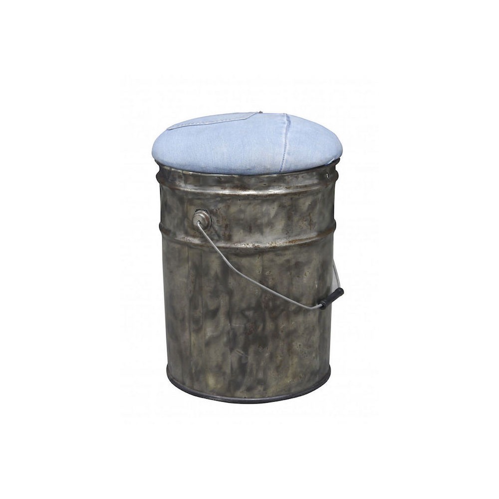 Vintage Industrial Metal Silver Grey Stool With Denim Storage Opening