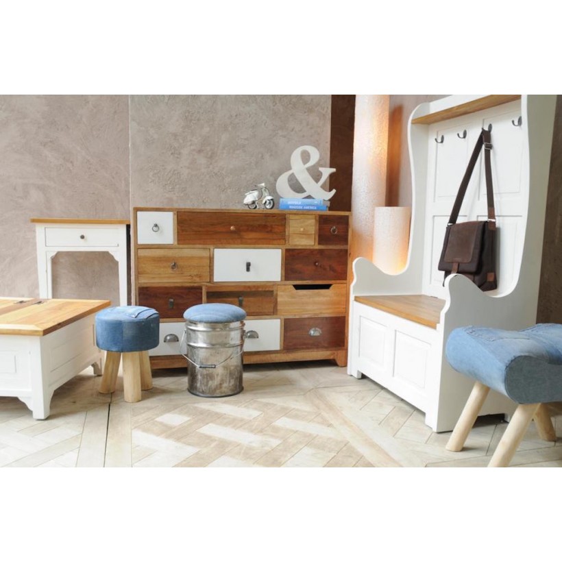 Vintage Industrial Metal Silver Grey Stool With Denim Storage Opening