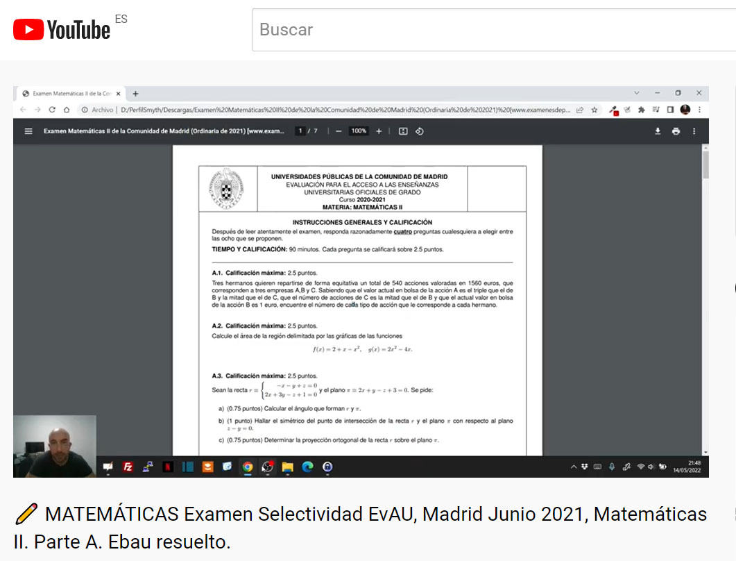 Matemáticas II Examen selectividad EvAU Junio 2021 Madrid resuelto